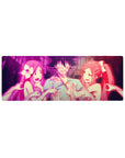 32x12 inches anime mouse pad with neon-pink gothic cathedral scene, ribbons, ghost hands, glossy drama.