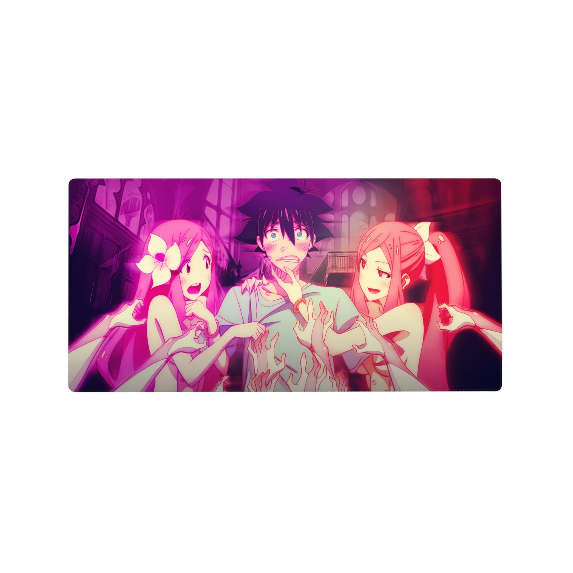 32x16 inches anime mouse pad with neon-pink gothic cathedral scene, ribbons, and comic ghost hands.
