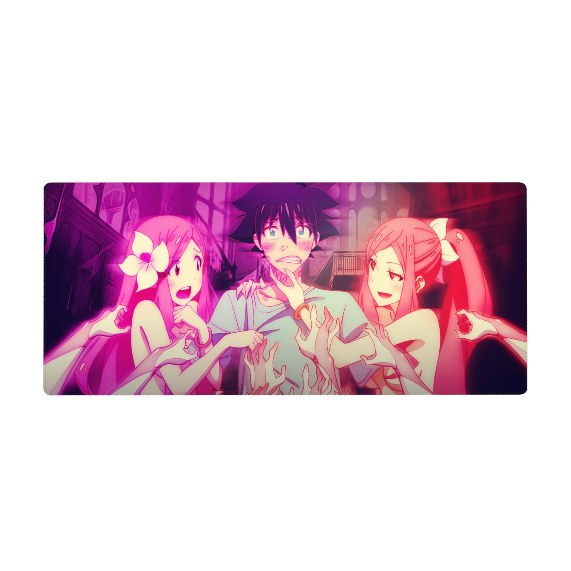 36x16 inches anime desk pad with neon-pink gothic cathedral scene, ribbons, ghost hands, glossy drama.