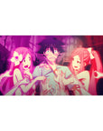 40x20 inches anime desk pad with neon-pink chaos scene, gothic cathedral windows, ghostly hands, glossy art.