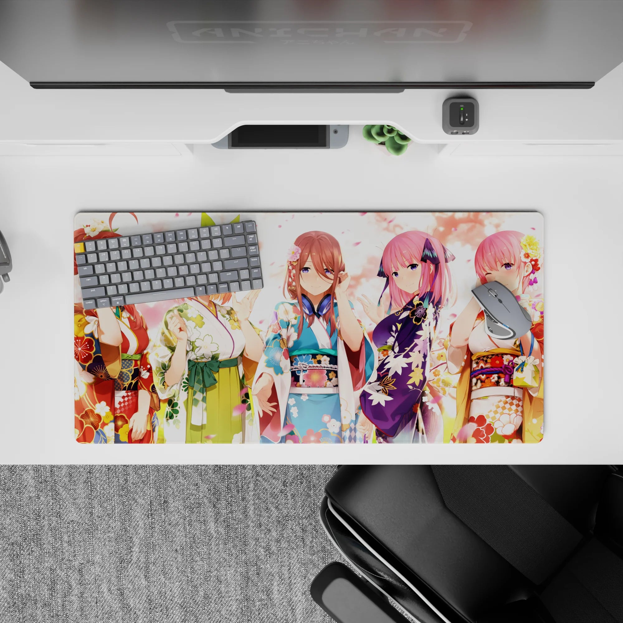 Pastel pink petal vibe anime girl mouse pad 32x16 inches in warm cozy tones with bright yukata.