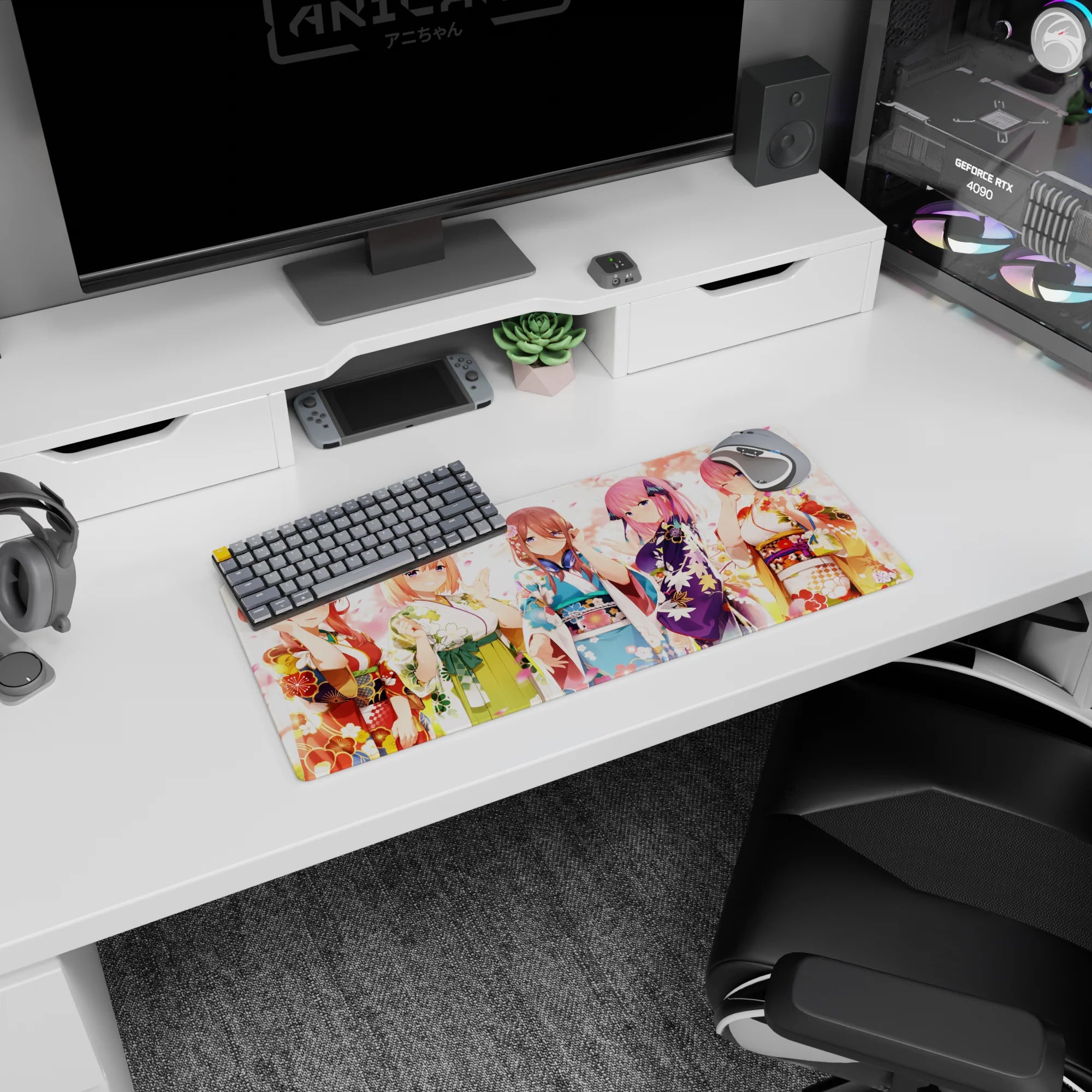 28x12 inches anime mouse pad showing five cute yukata girls waving in a spring festival scene with petals.