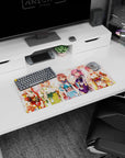 28x12 inches anime mouse pad showing five cute yukata girls waving in a spring festival scene with petals.