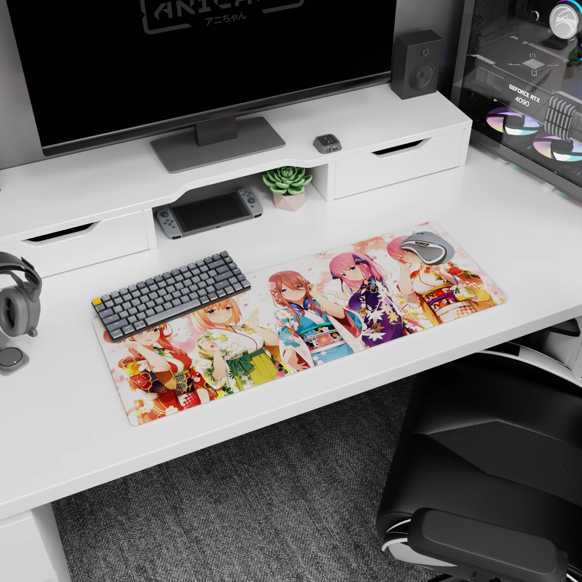 32x12 inches mouse pad showing five smiling yukata girls waving together in a cozy festival scene.