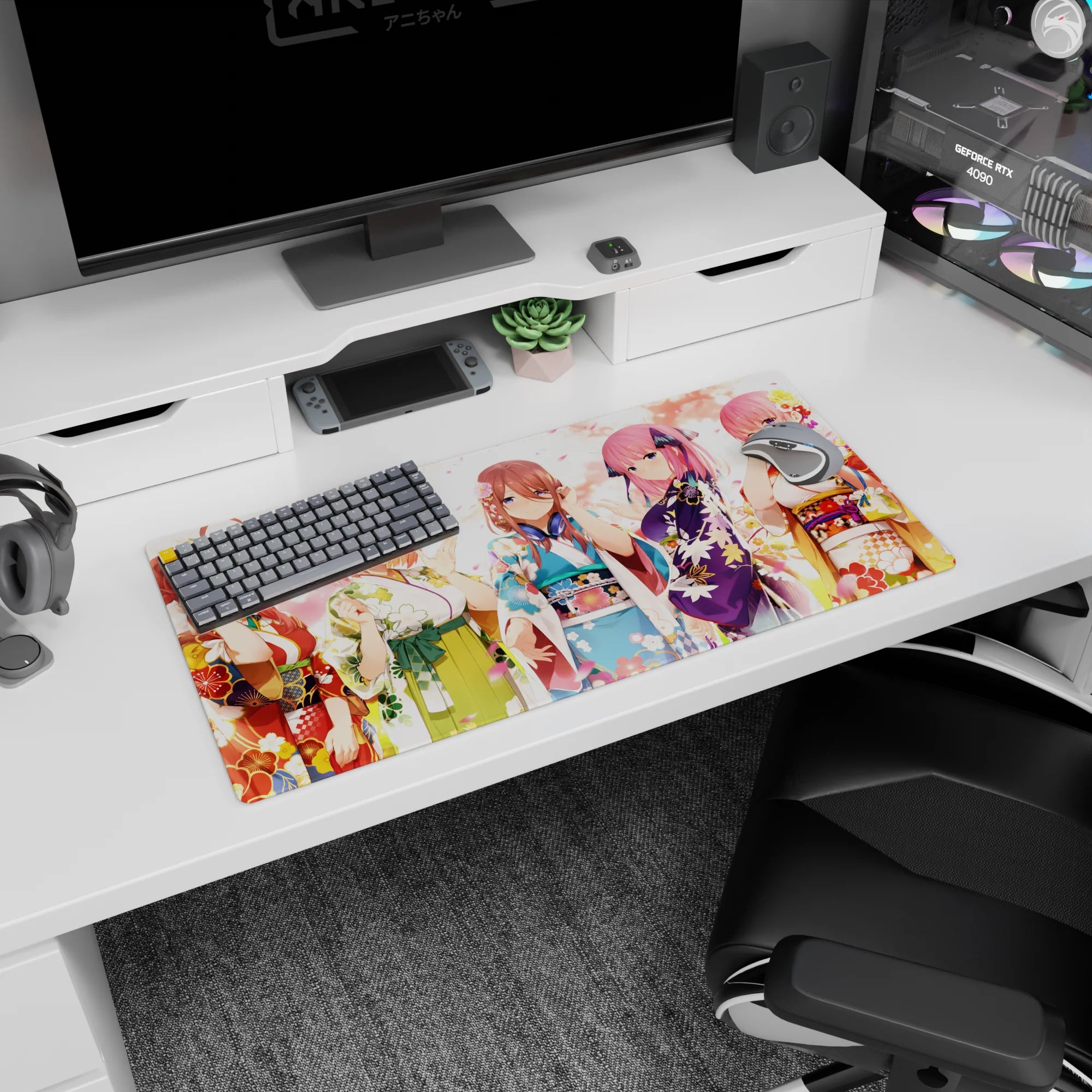Five smiling anime girls in colorful yukata lineup waving on a 32x16 inches extended mouse pad.