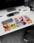 Five smiling anime girls in colorful yukata lineup waving on a 32x16 inches extended mouse pad.