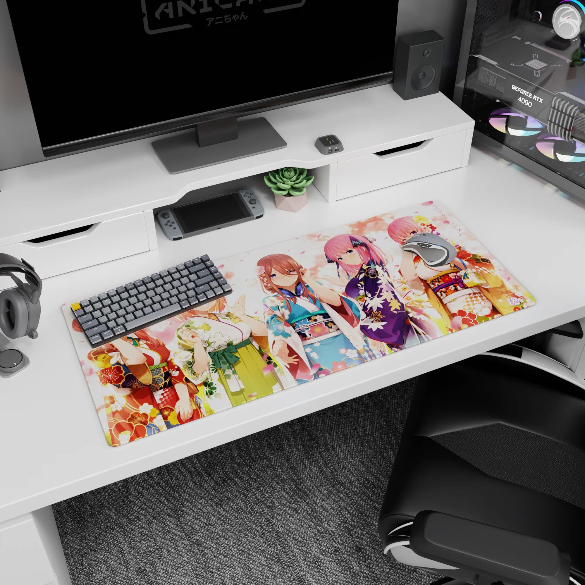 Five smiling anime girls in bright festival yukata desk pad 36x16 inches with drifting petals.
