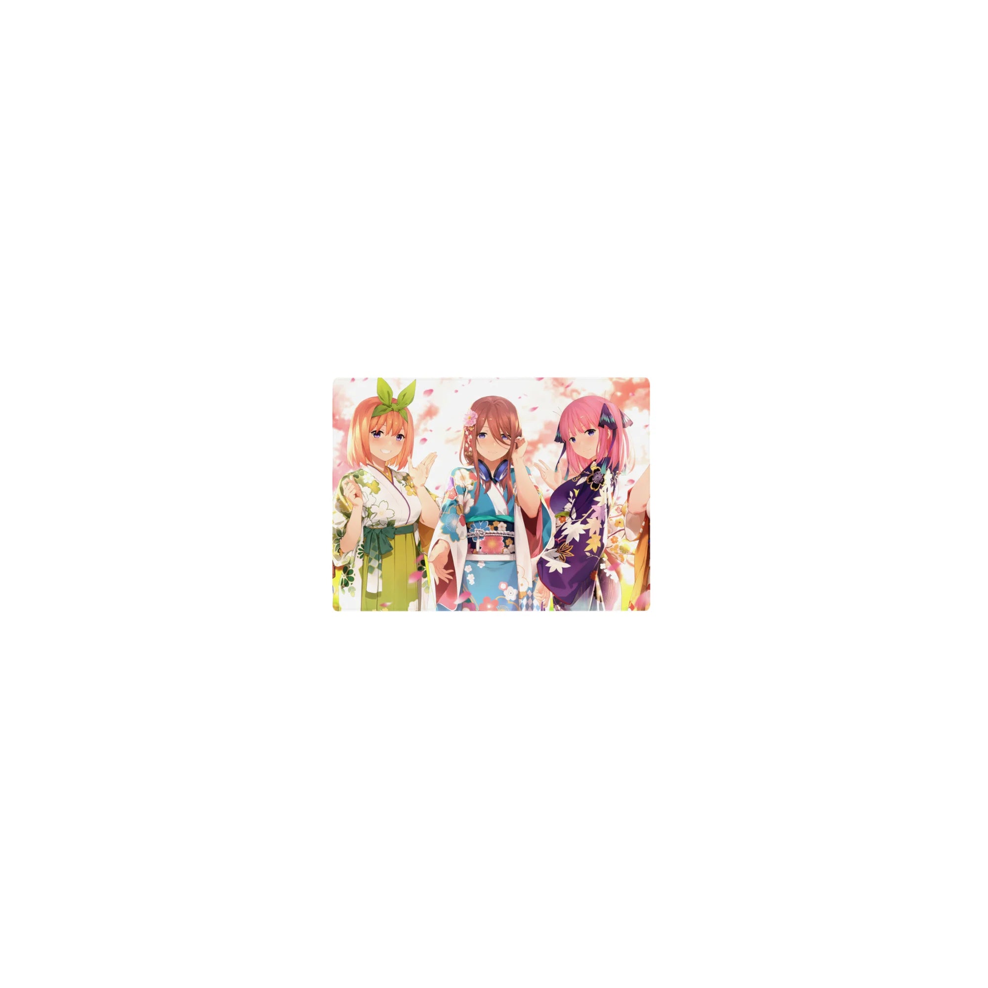 14x10 inches anime girl mouse pad with five yukata girls lined up at a pastel festival, waving.