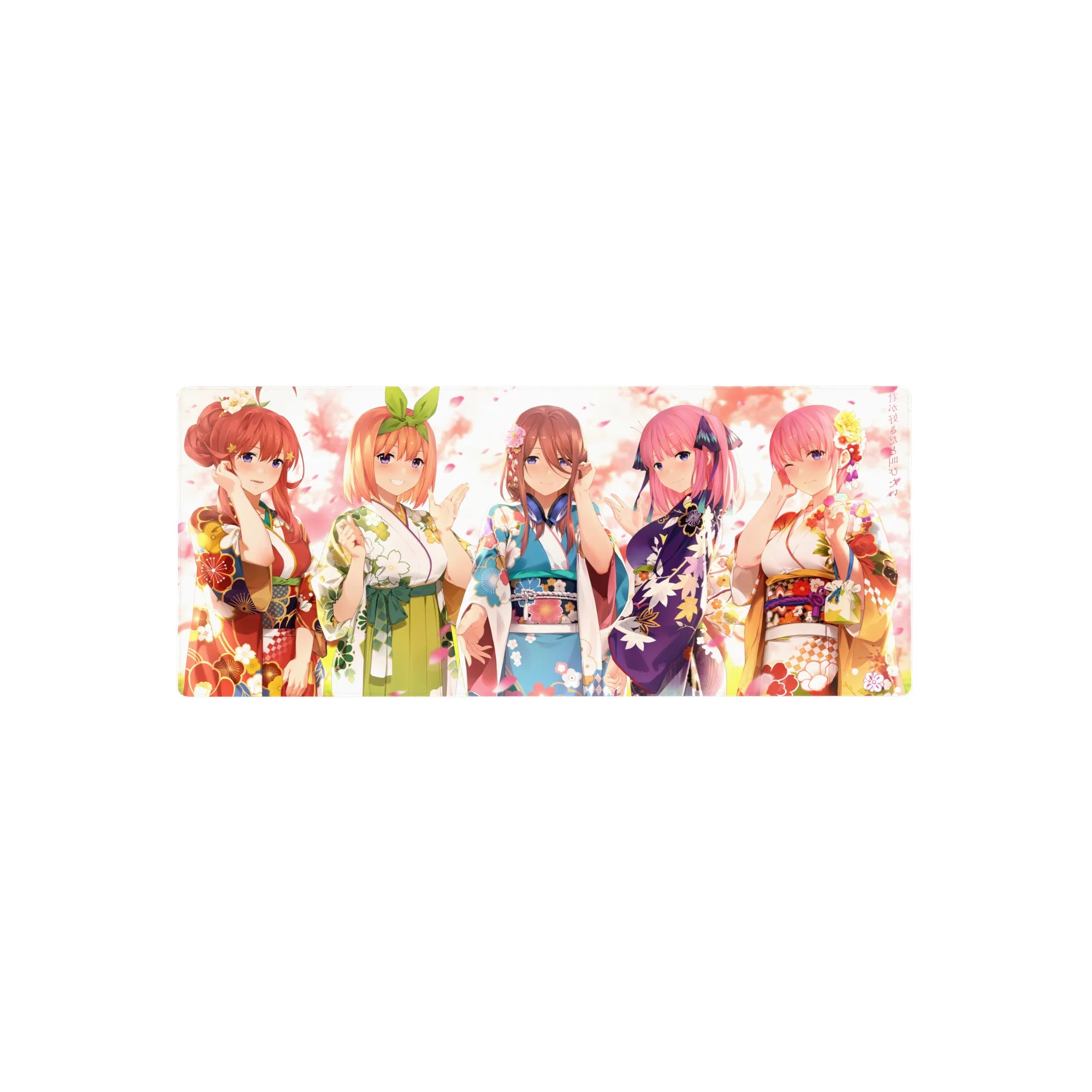 28x12 inches anime girl mouse pad with five yukata festival girls, petals drifting, pastel sky backdrop.