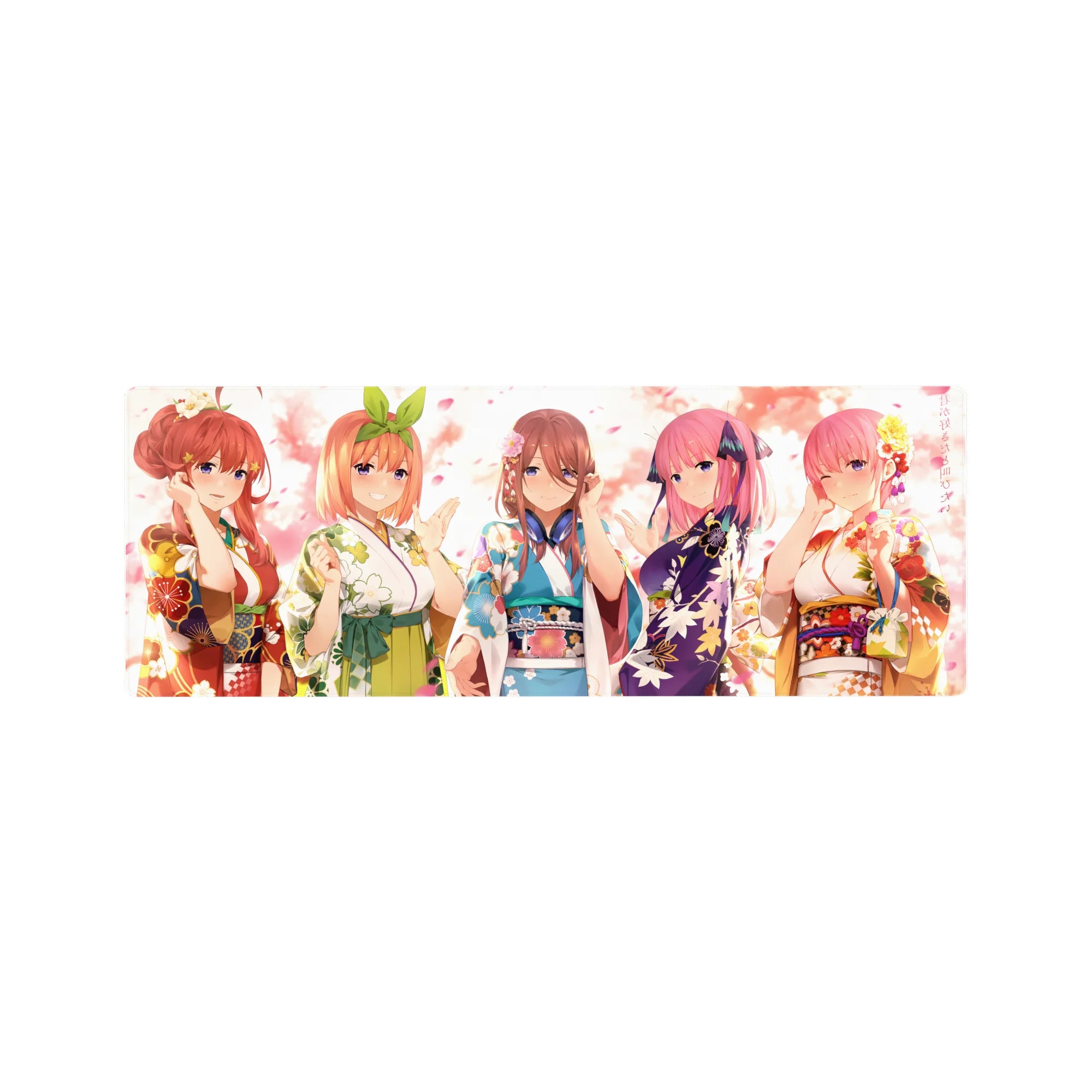 32x12 inches anime girl mouse pad with five yukata festival girls lined up under drifting petals.