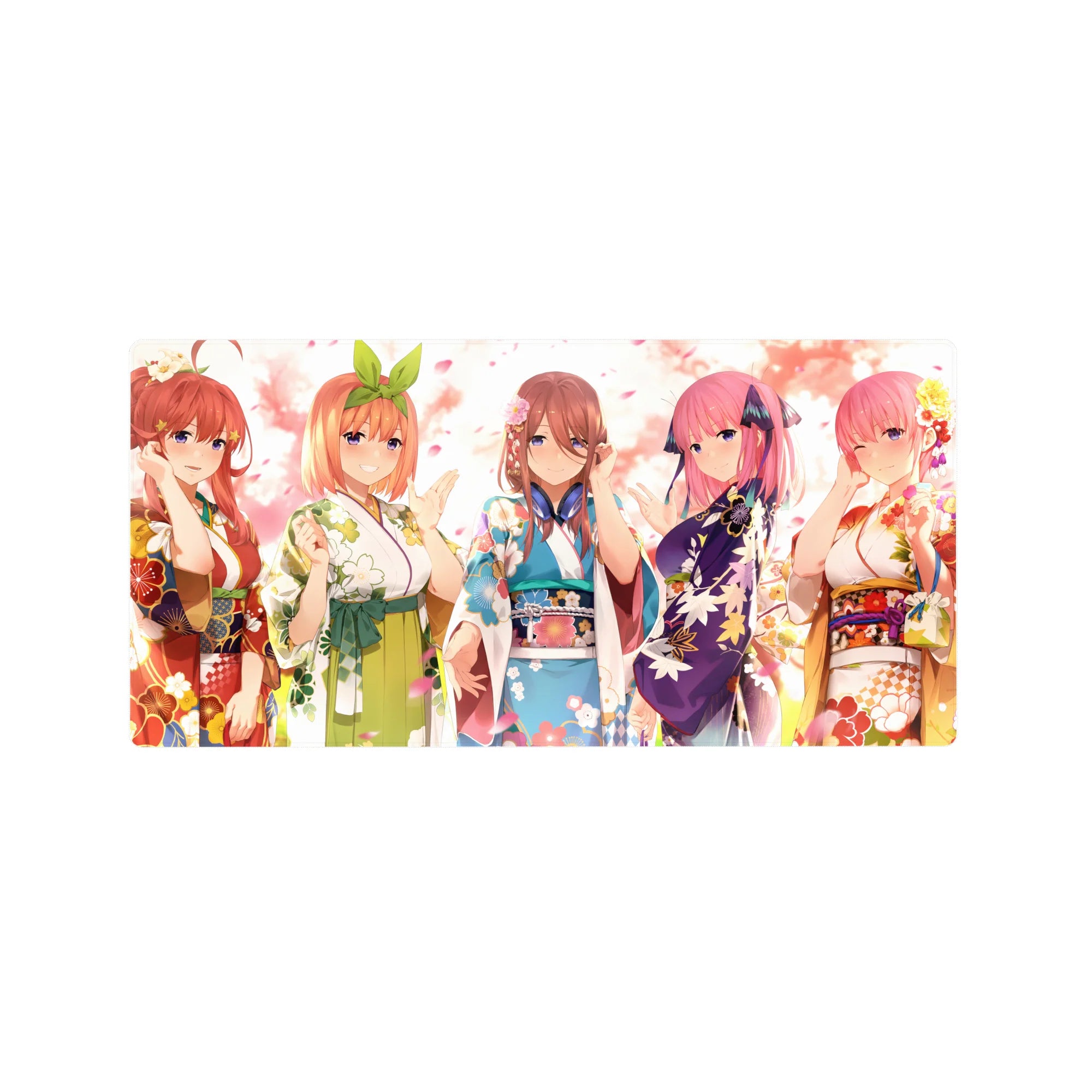 Anime girl mouse pad 32x16 inches with five festival yukata girls, pastel sky and drifting petals.