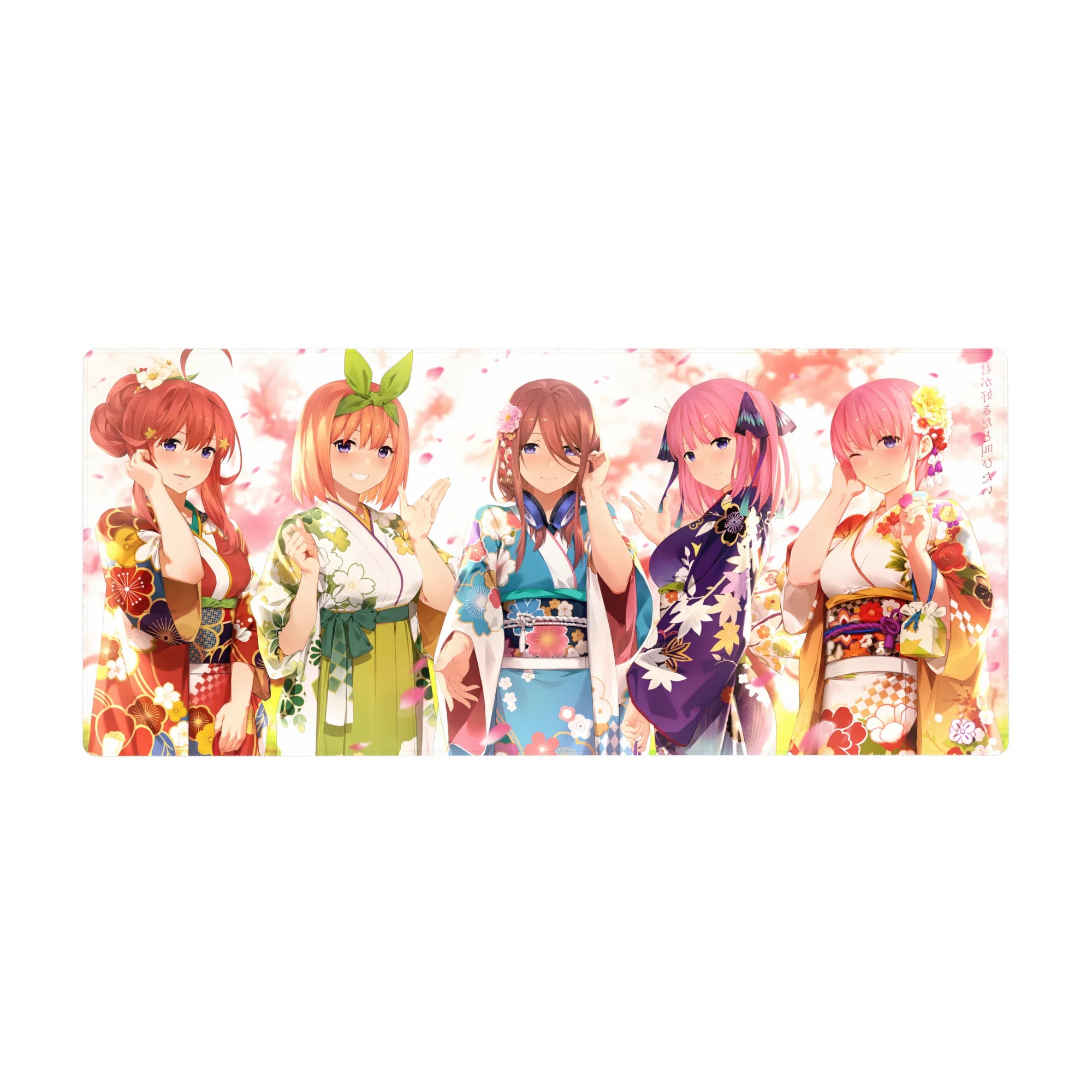 Anime girl desk pad 36x16 inches with five yukata-clad festival girls posing and waving.
