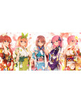 Anime girl desk pad 36x16 inches with five yukata-clad festival girls posing and waving.