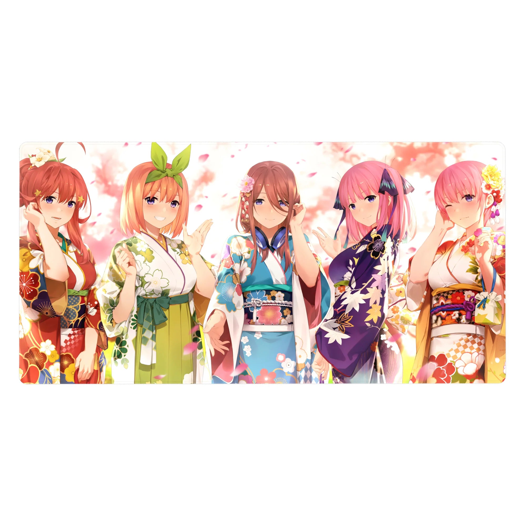 40x20 inches anime girl desk pad with five yukata girls lined up at a festival, petals drifting.