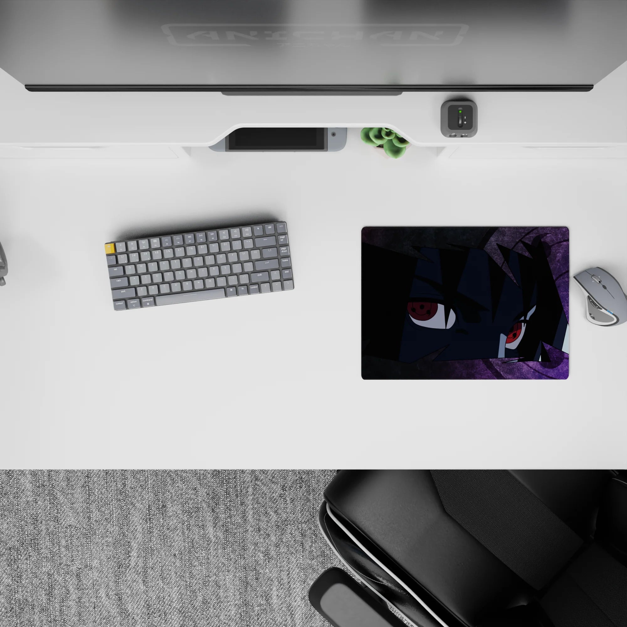 Dark purple and crimson anime mouse pad 14x10 inches, moody red glow eyes and smoky late-night vibe.