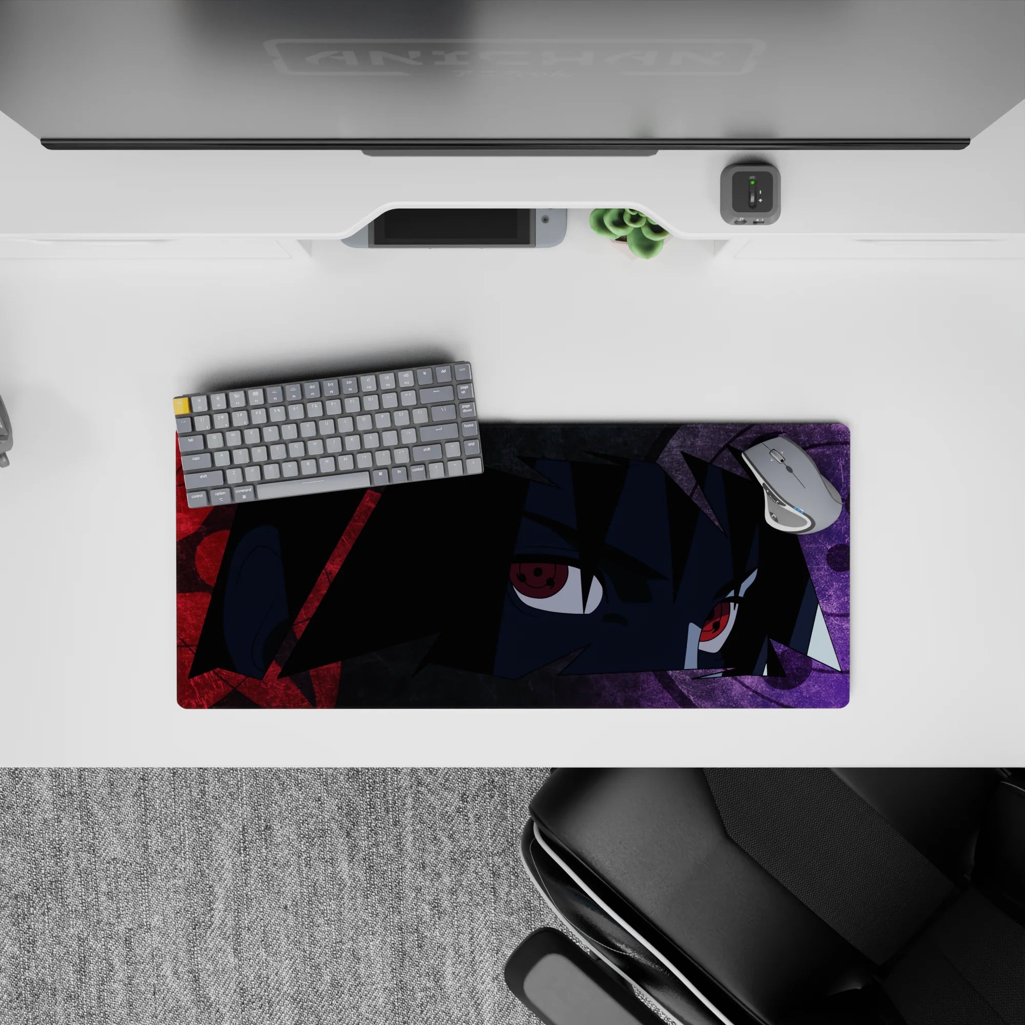 28x12 inches dark anime desk mat in smoky purple with crimson streaks and glowing red eyes vibe.