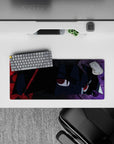 28x12 inches dark anime desk mat in smoky purple with crimson streaks and glowing red eyes vibe.