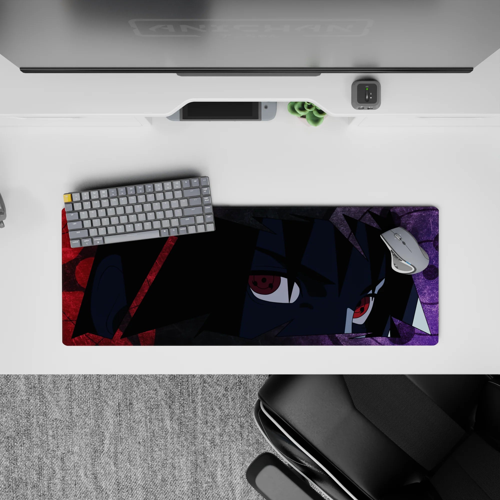 32x12 inches dark anime desk mat in smoky purple with crimson streaks and glowing red eyes vibe.