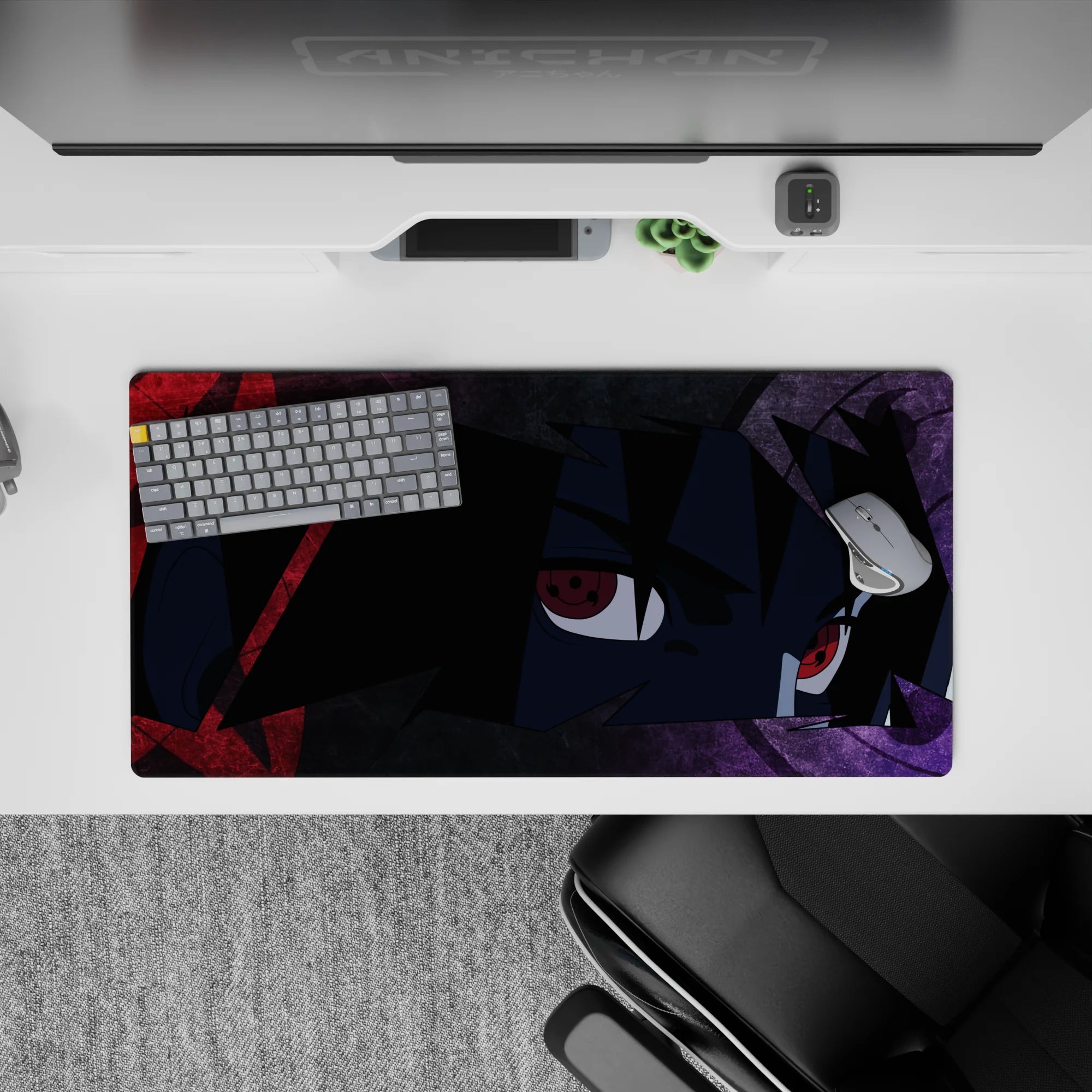 32x16 inches anime mouse pad in smoky purples with crimson streaks and glowing red eyes, dark vibe.