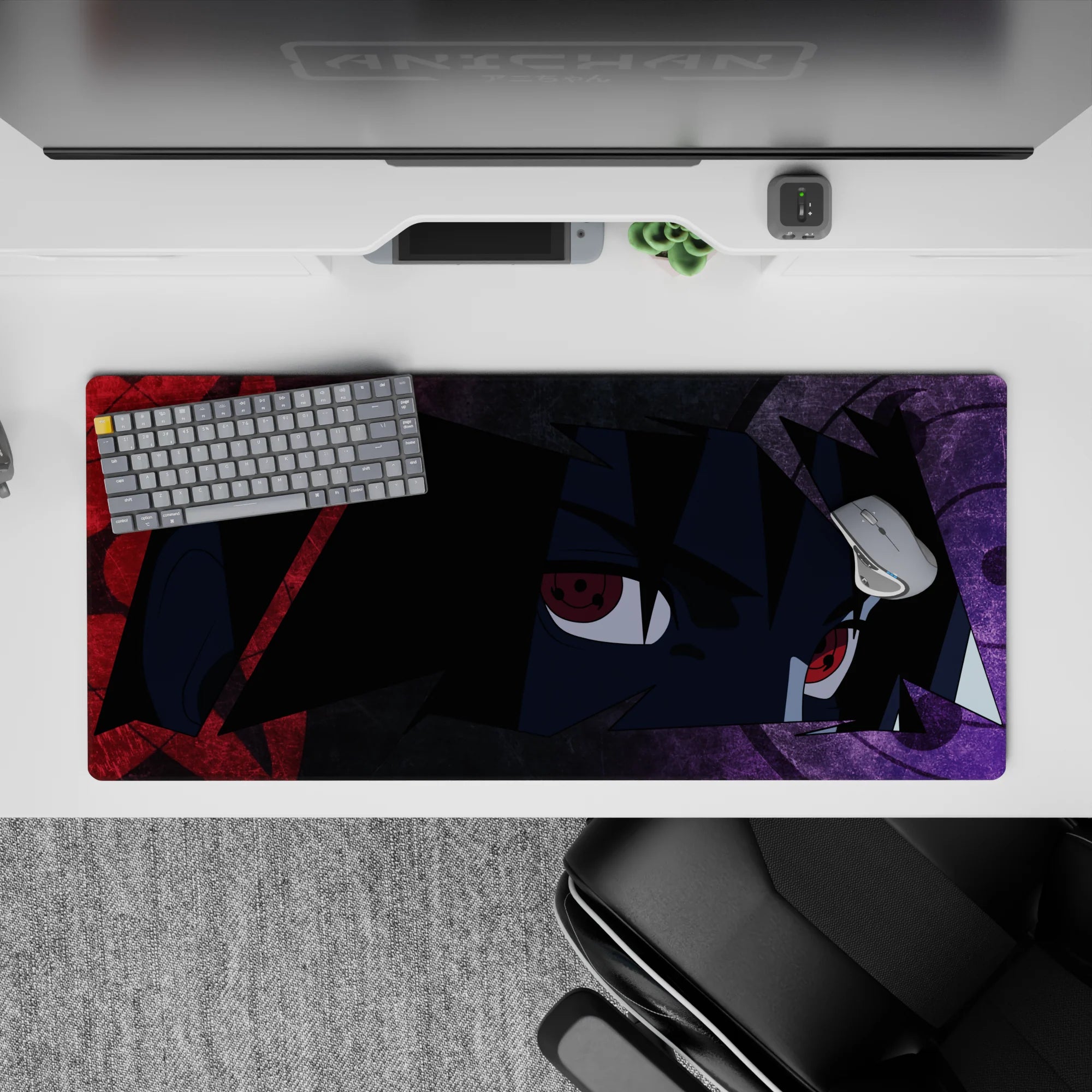 Dark purple and crimson anime desk pad 36x16 inches, moody vibe with glowing red eyes.