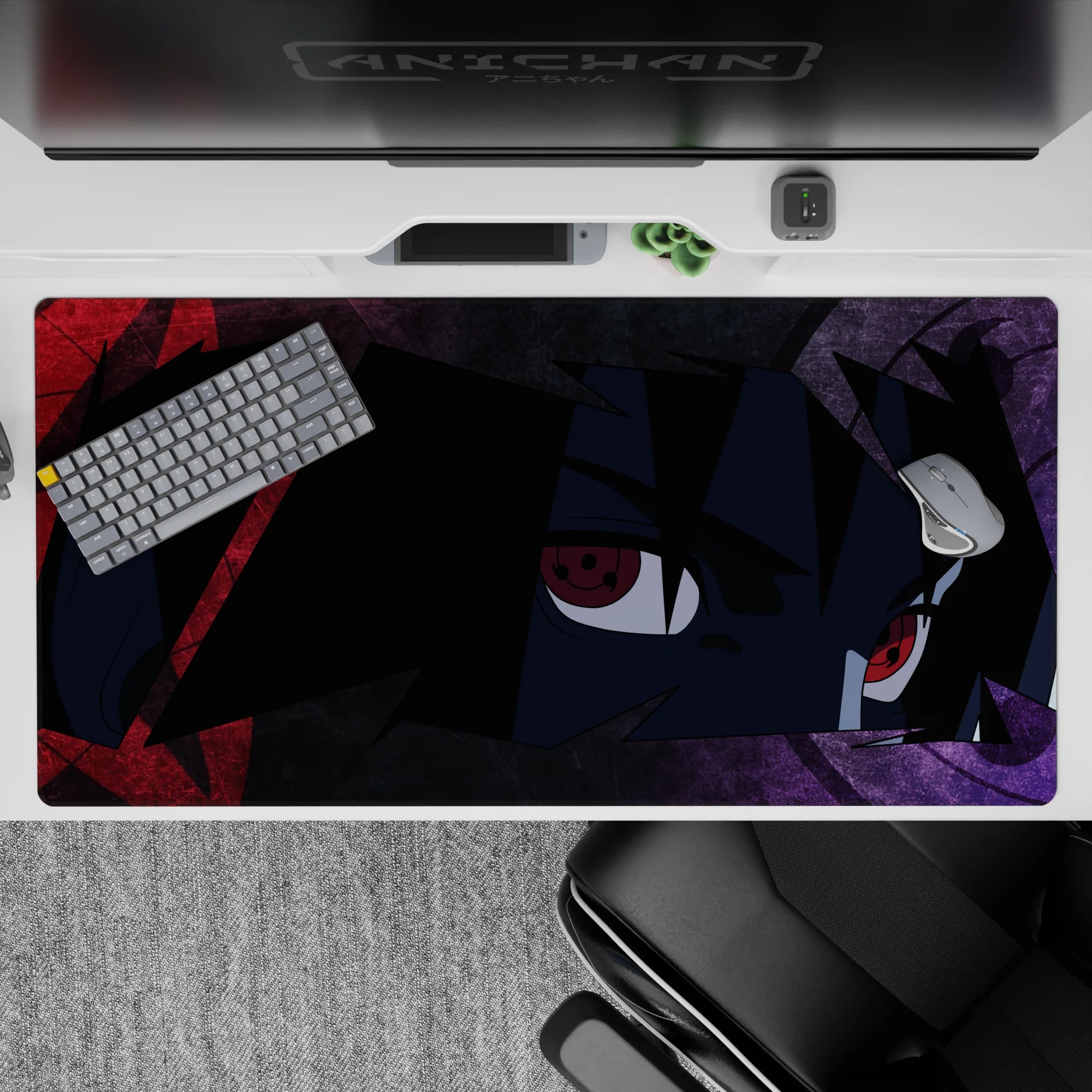 40x20 inches anime mouse pad in smoky purples with crimson streaks and glowing red eyes, dark vibe.