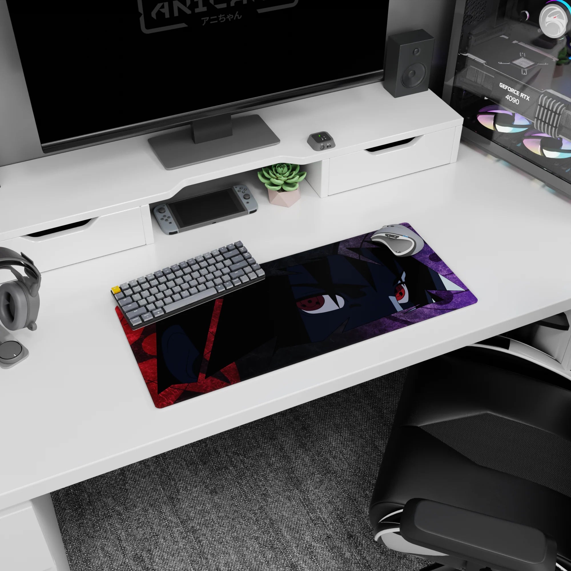 28x12 inches Sasuke Uchiha Sharingan stare mouse pad, red glowing eyes watching your desk setup.