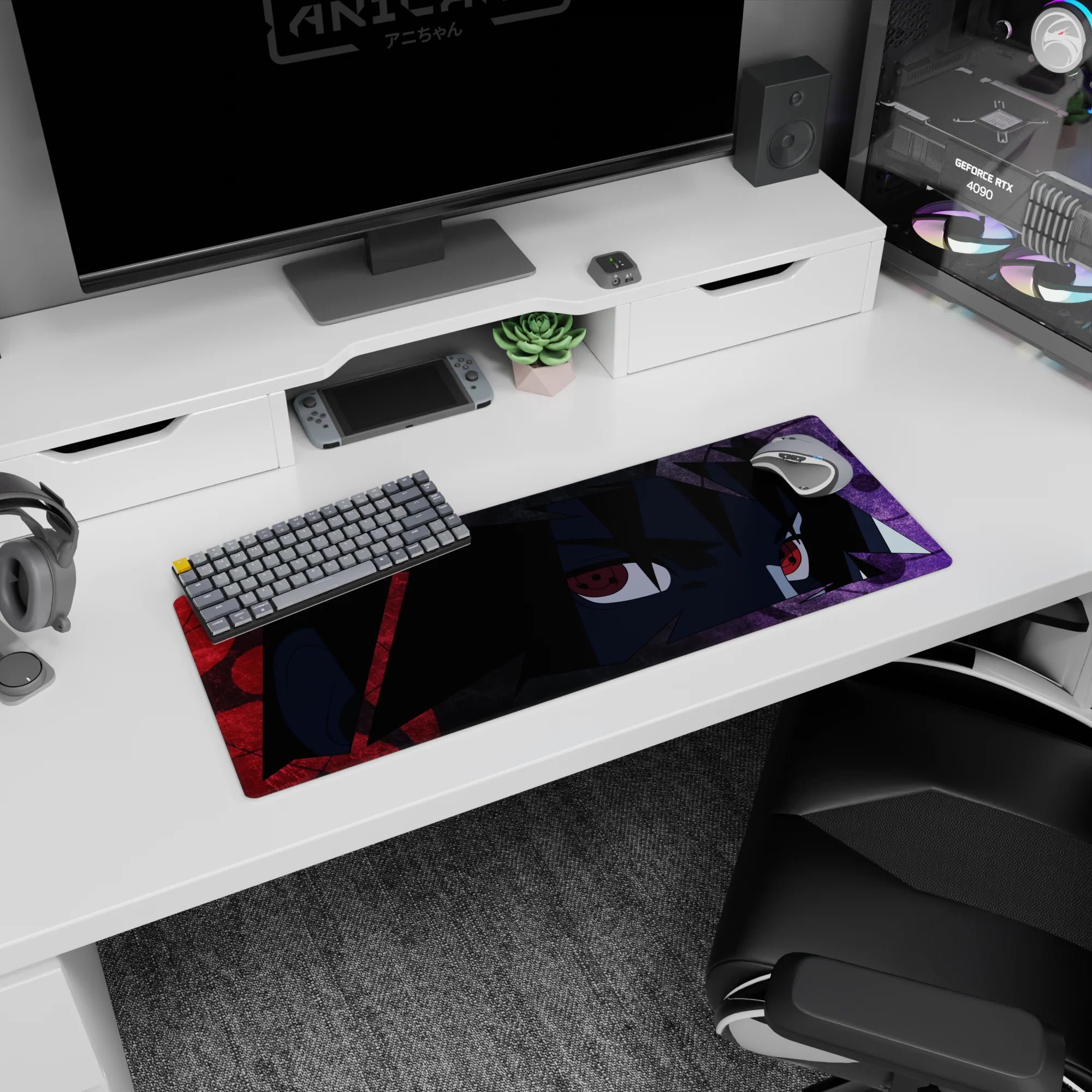 32x12 inches Sasuke Uchiha Sharingan stare mouse pad, red eyes locked on you over a smoky backdrop.