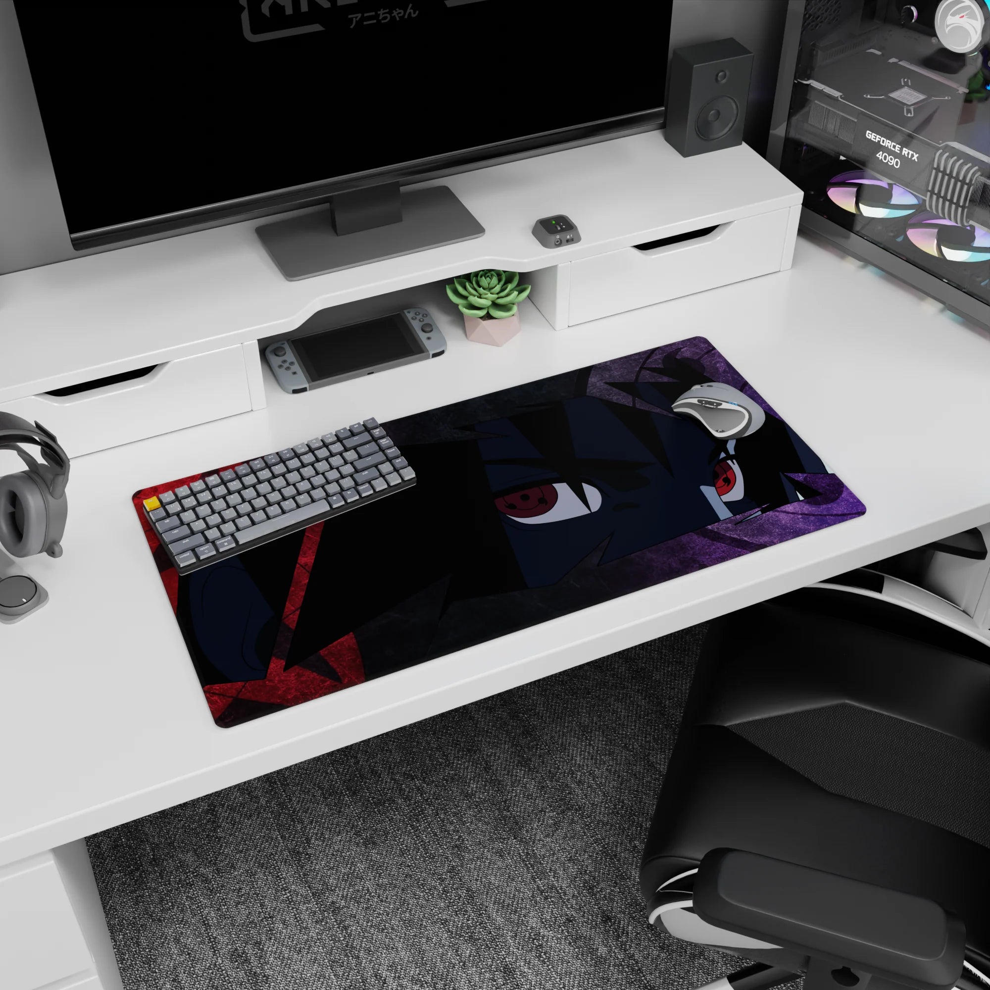 32x16 inches Sasuke Uchiha mouse pad, Sharingan stare with sharp red eyes watching you from the desk.