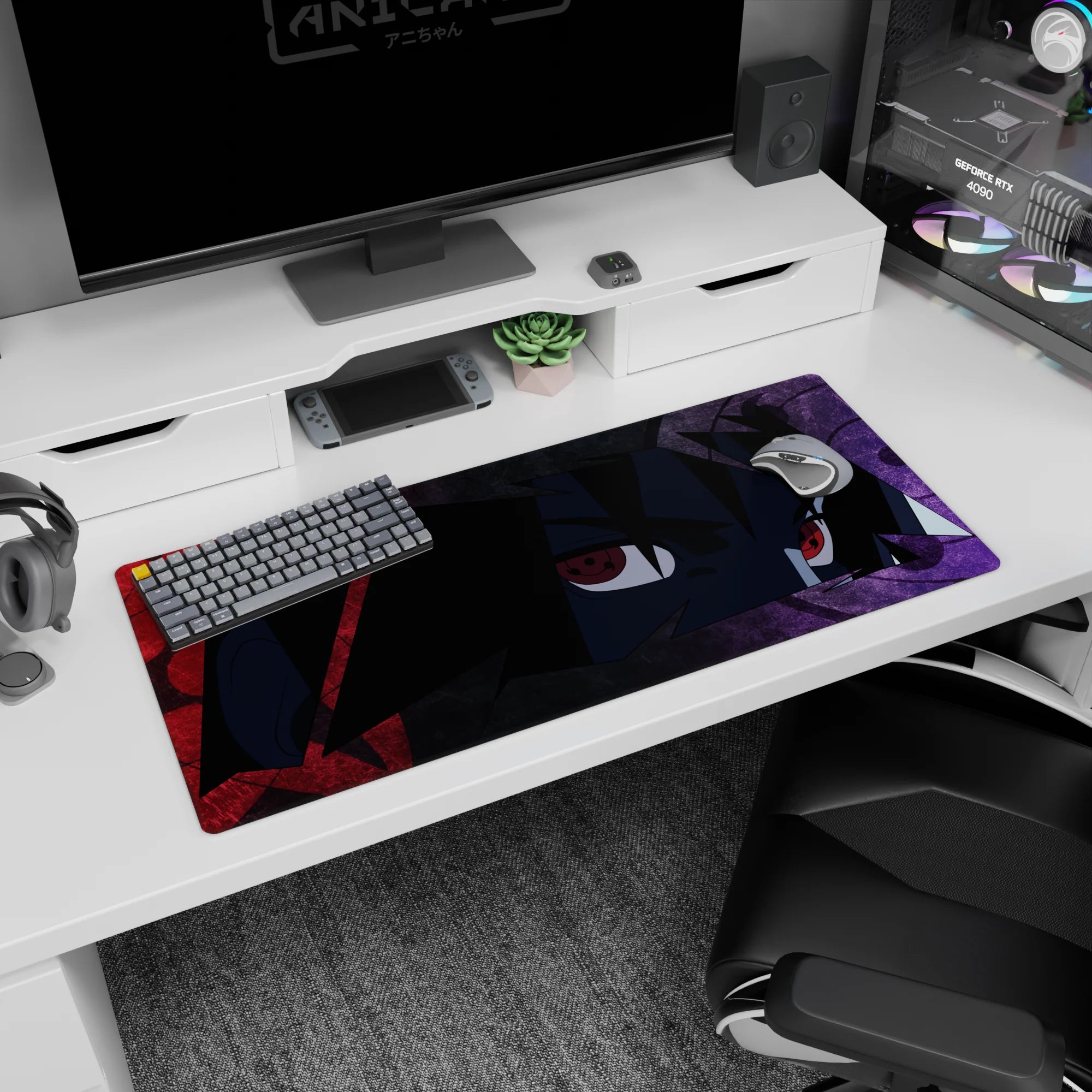 Sasuke Uchiha Sharingan stare anime desk pad 36x16 inches, red eyes watching over your setup.