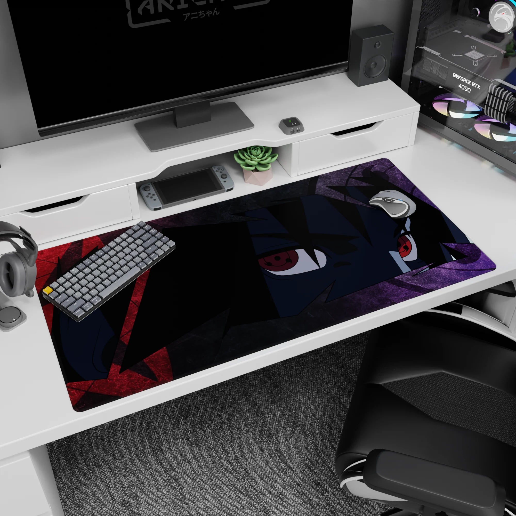 40x20 inches desk mat featuring Sasuke Uchiha close-up, red Sharingan eyes watching from the shadows.