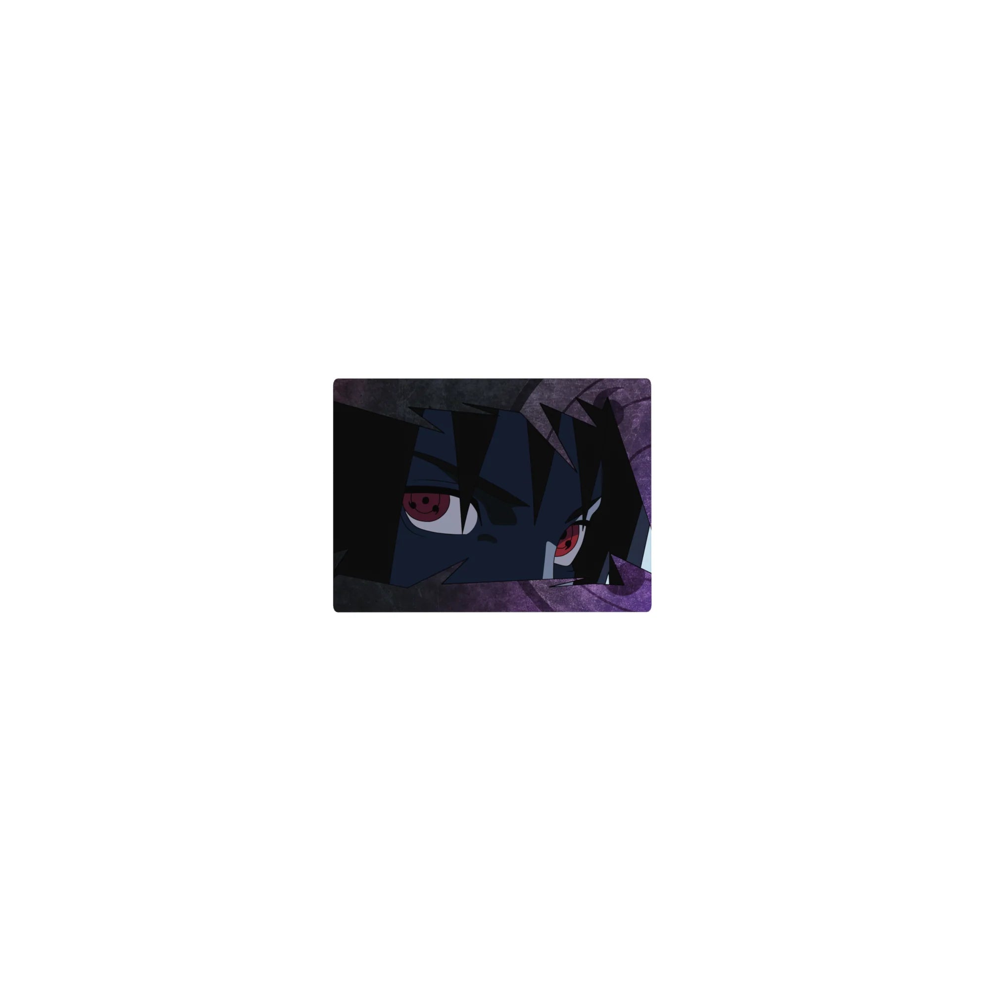 Classic anime mouse pad 14x10 inches with Sharingan-eyed ninja portrait, jagged black hair, gritty texture.