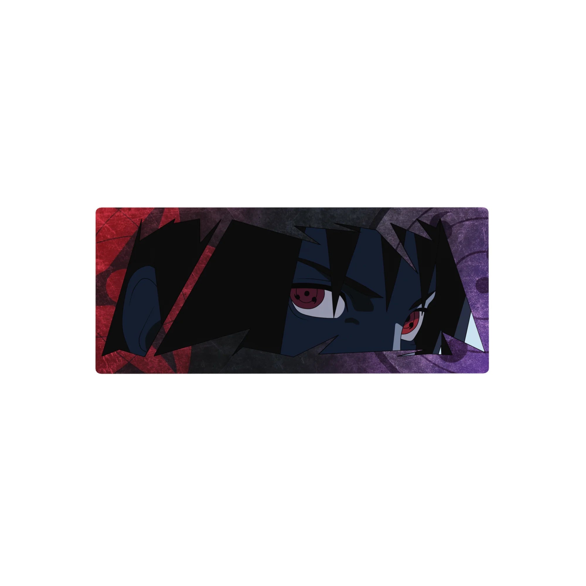 28x12 inches anime mouse pad with Sharingan-eyed ninja portrait, jagged black hair and gritty texture.