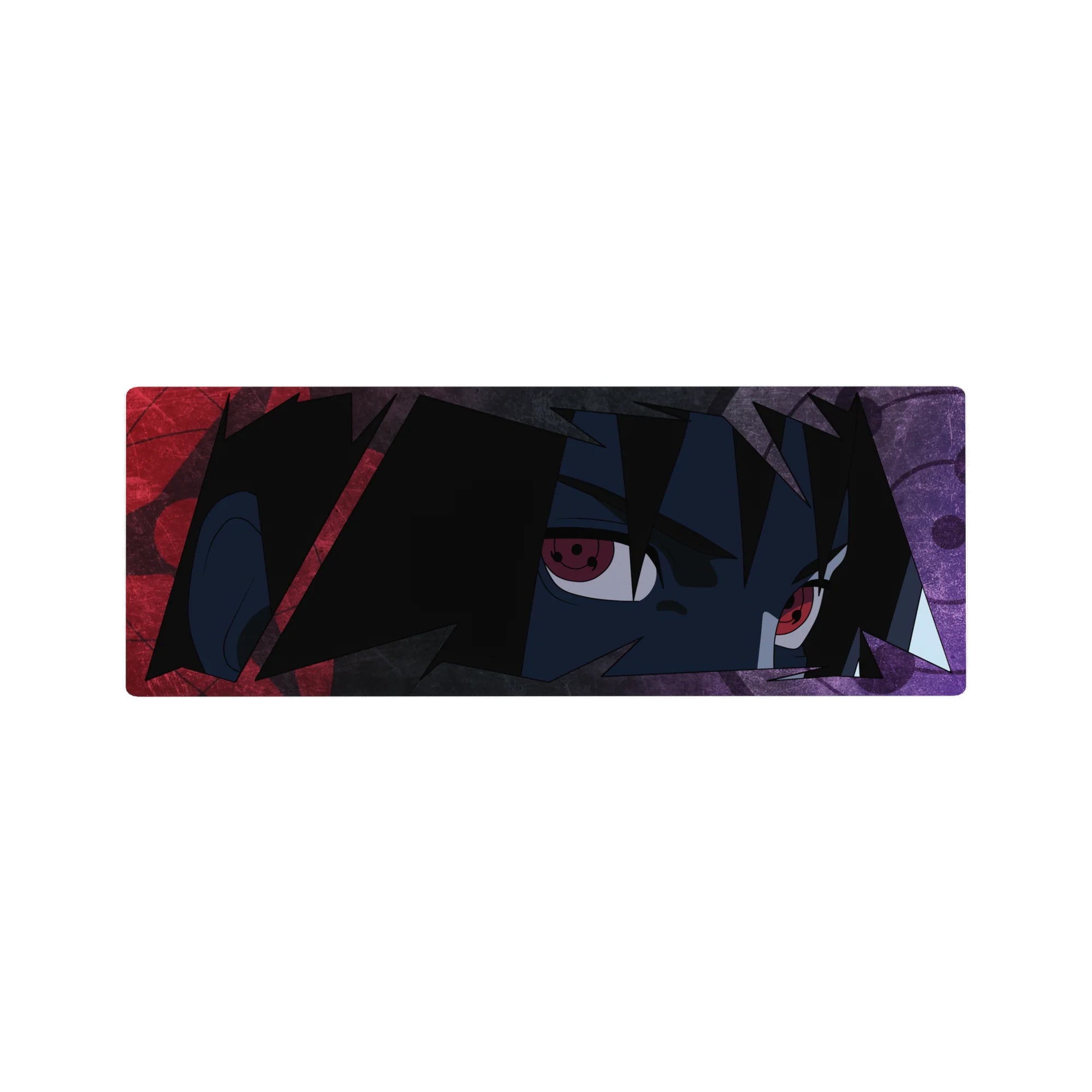 32x12 inches anime mouse pad with Sharingan-eyed ninja portrait, jagged black hair and gritty texture.