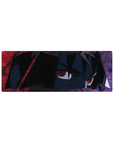 32x12 inches anime mouse pad with Sharingan-eyed ninja portrait, jagged black hair and gritty texture.