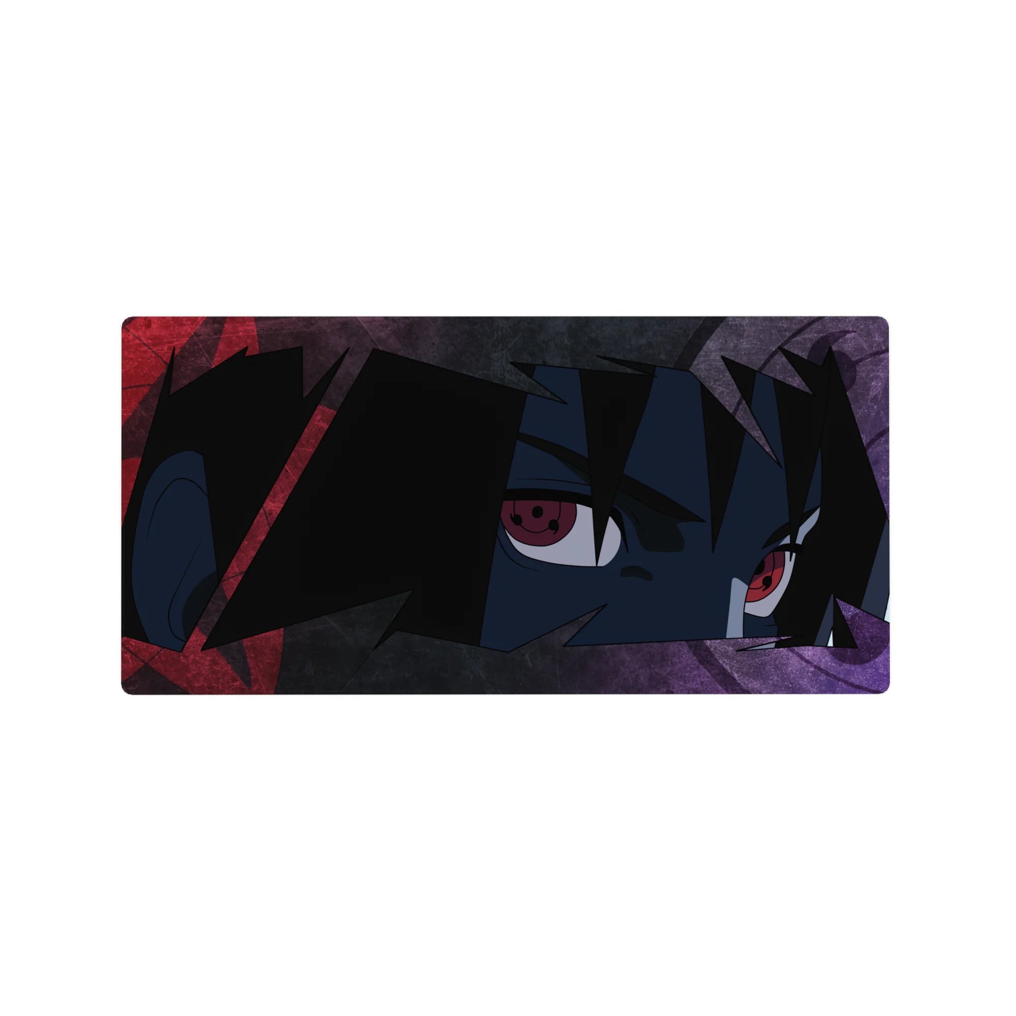 32x16 inches anime mouse pad with Sharingan-eyed ninja portrait, jagged black hair and gritty texture.