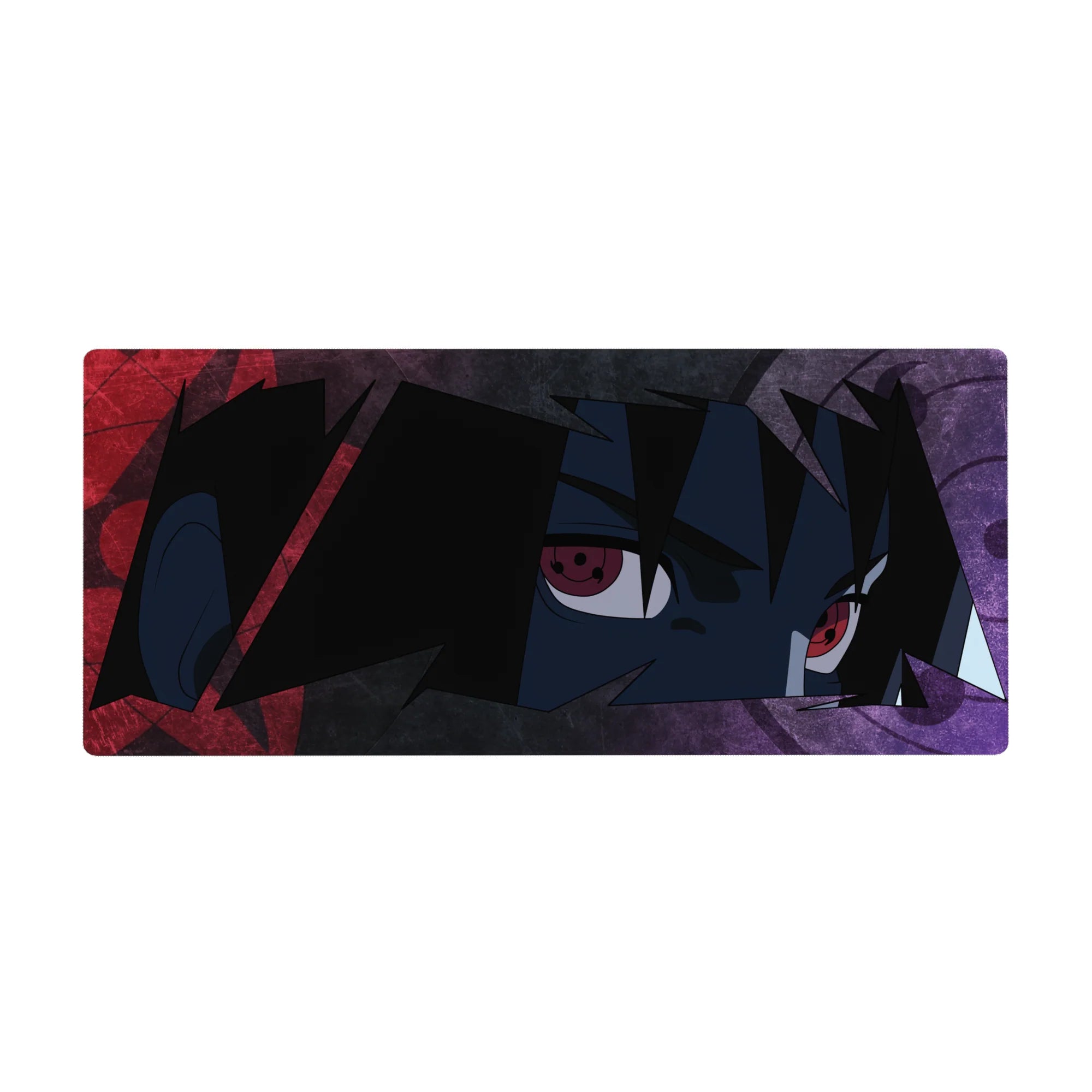 Anime desk pad 36x16 inches with Sharingan-eyed ninja portrait, jagged black hair and gritty texture.