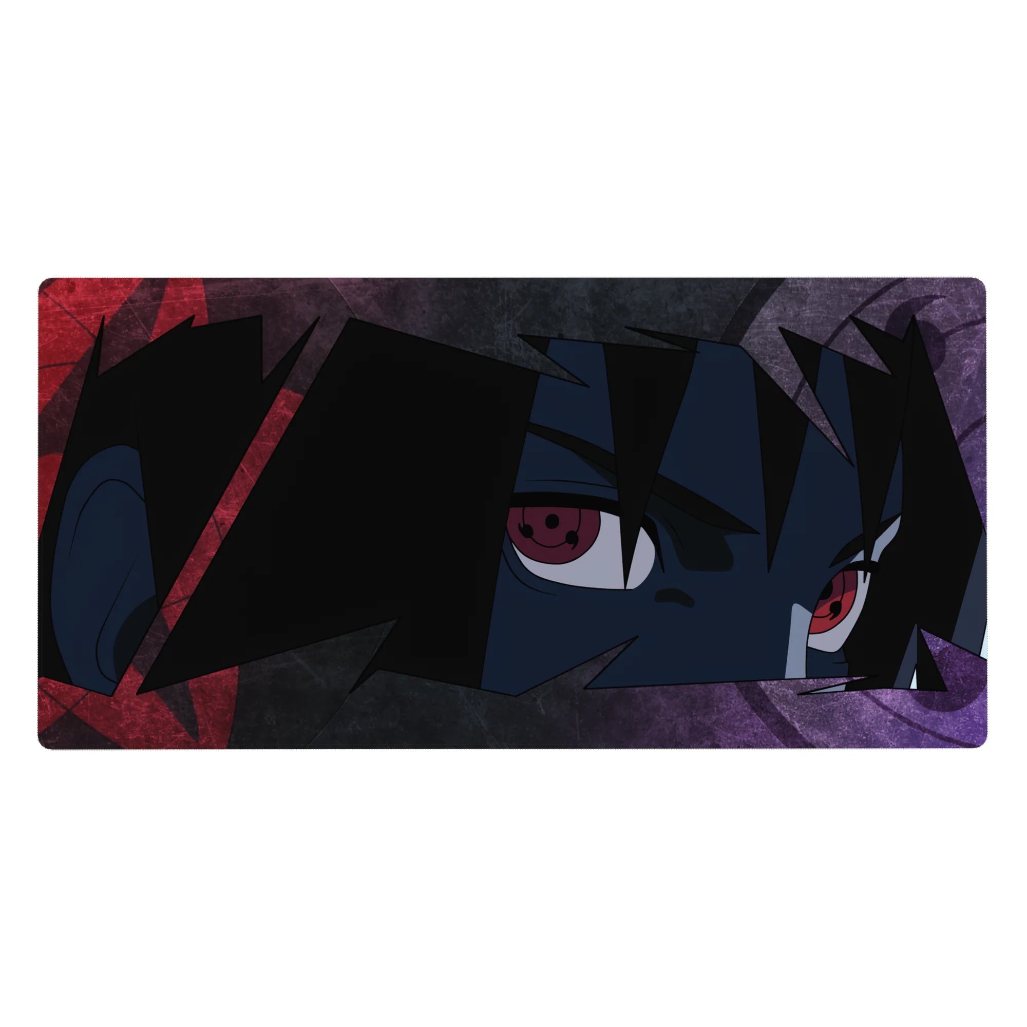40x20 inches anime desk pad with Sasuke Uchiha Sharingan stare, jagged hair, gritty textured art.