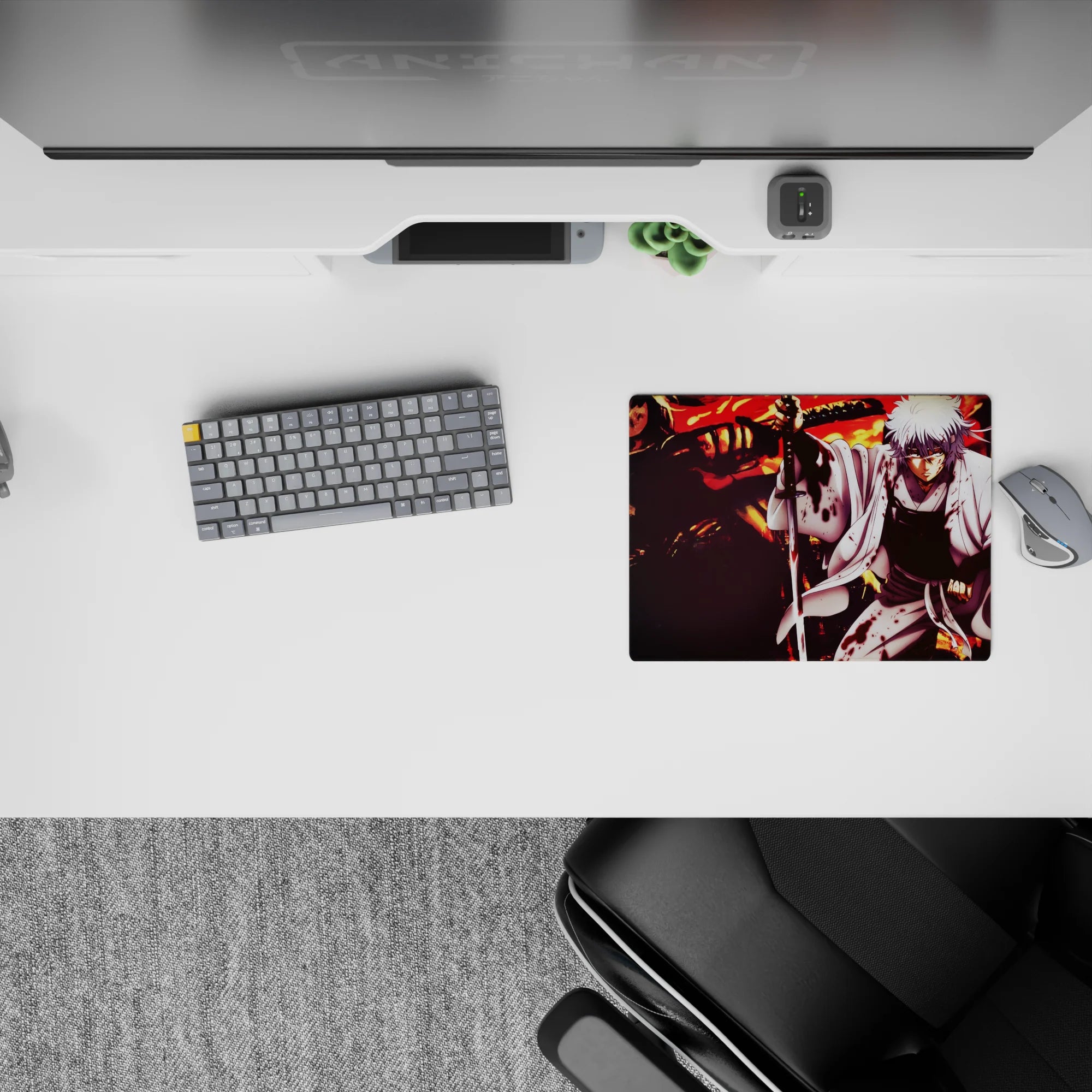 Stormy ink-stained anime mouse pad 14x10 inches with white, black, and orange firelight glow.