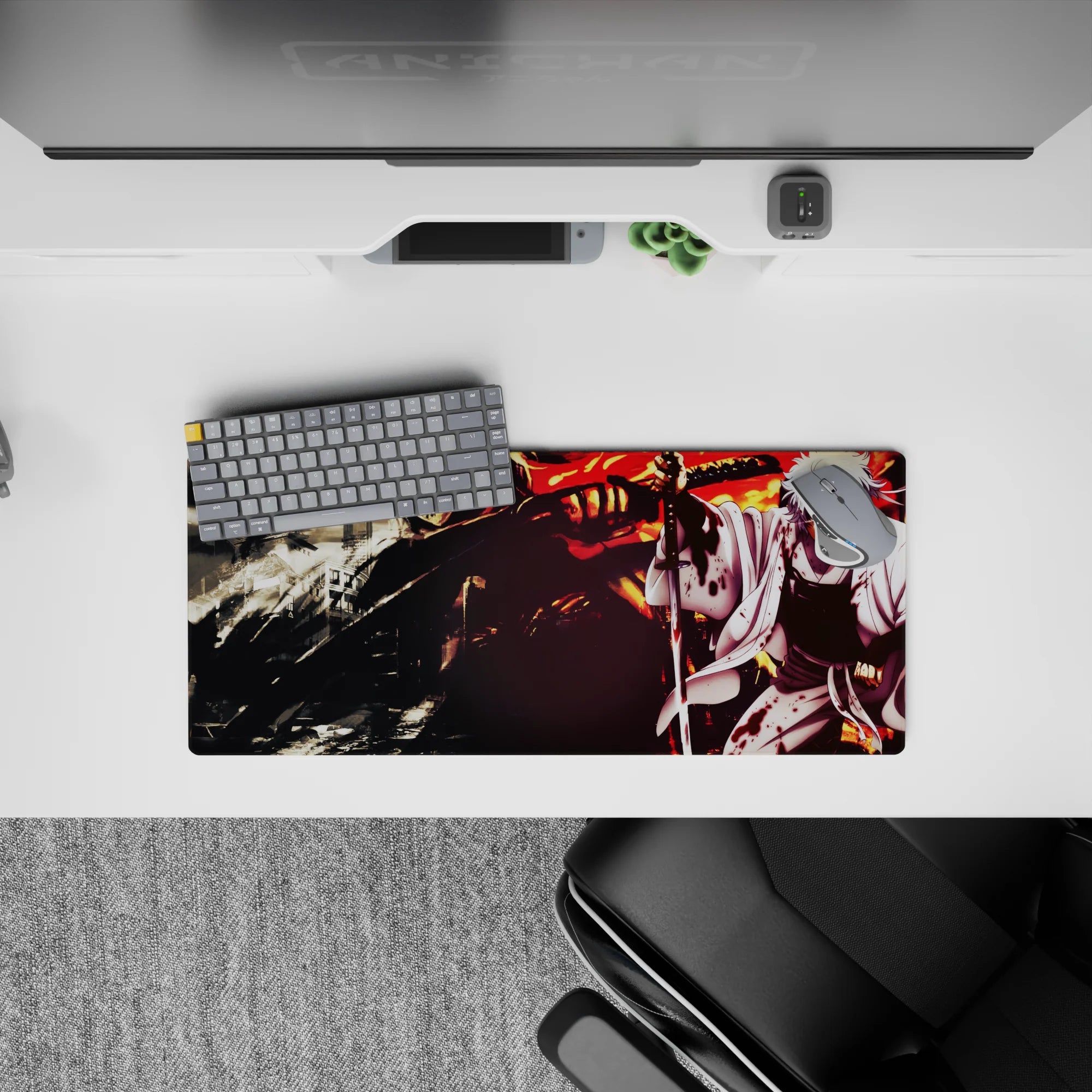28x12 inches anime mouse pad in stormy orange firelight and deep shadows, ink-stained white kimono vibe.