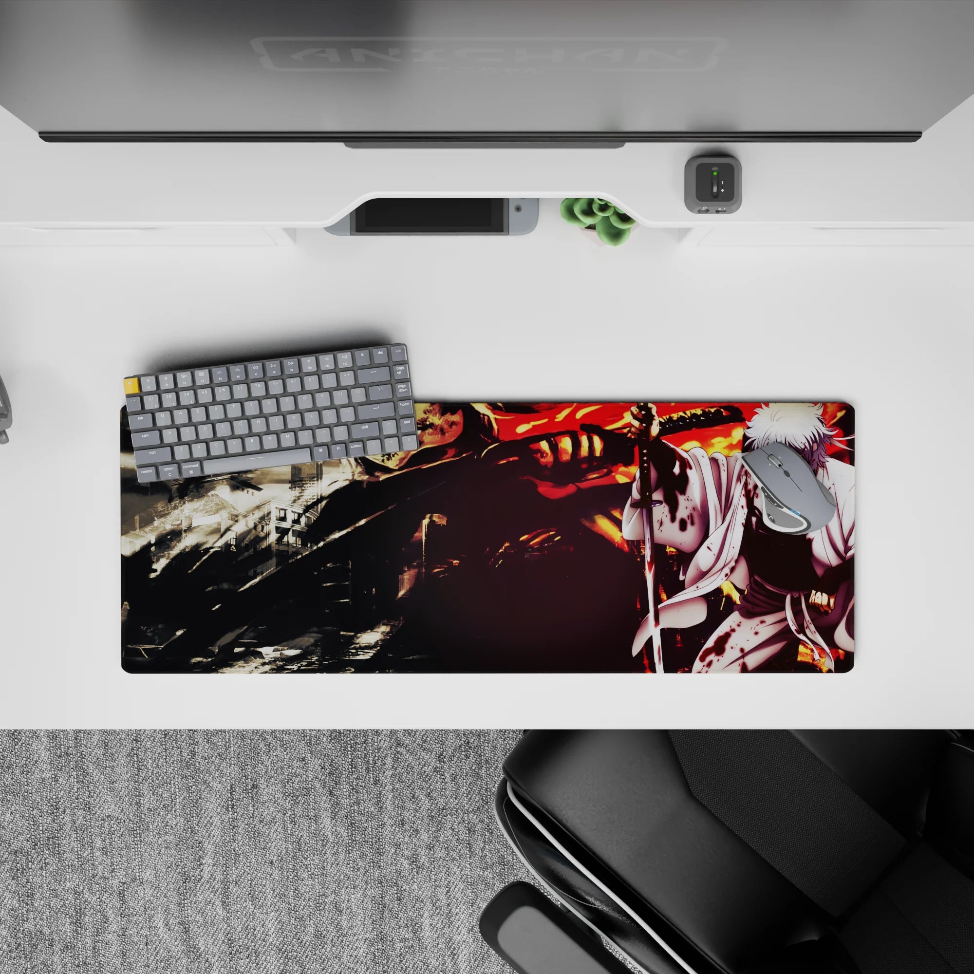 Dark ink-stained white kimono against orange firelight, cinematic anime mouse pad 32x12 inches.