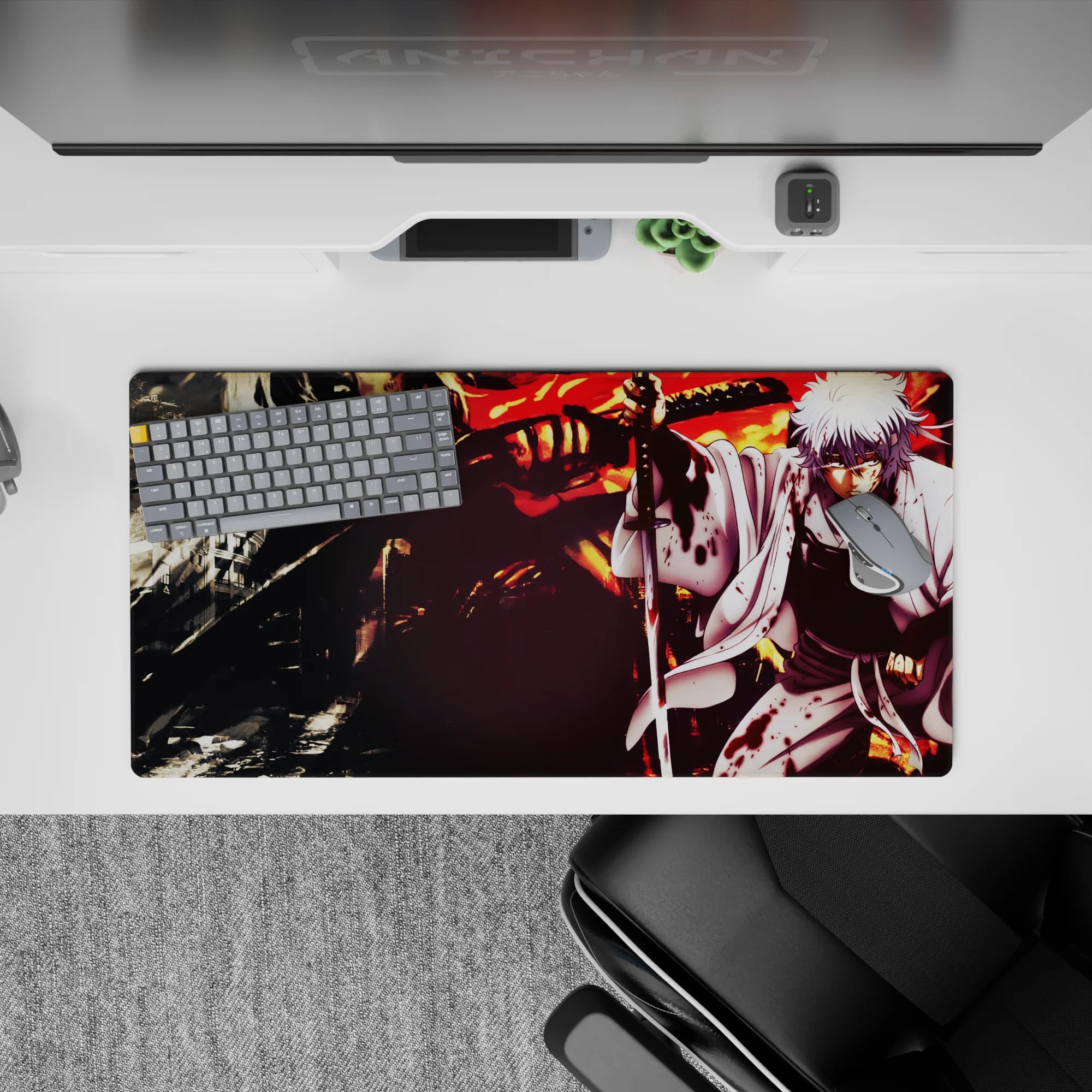 32x16 inches anime mouse pad in stormy orange firelight and deep shadows, cinematic chaos vibe.