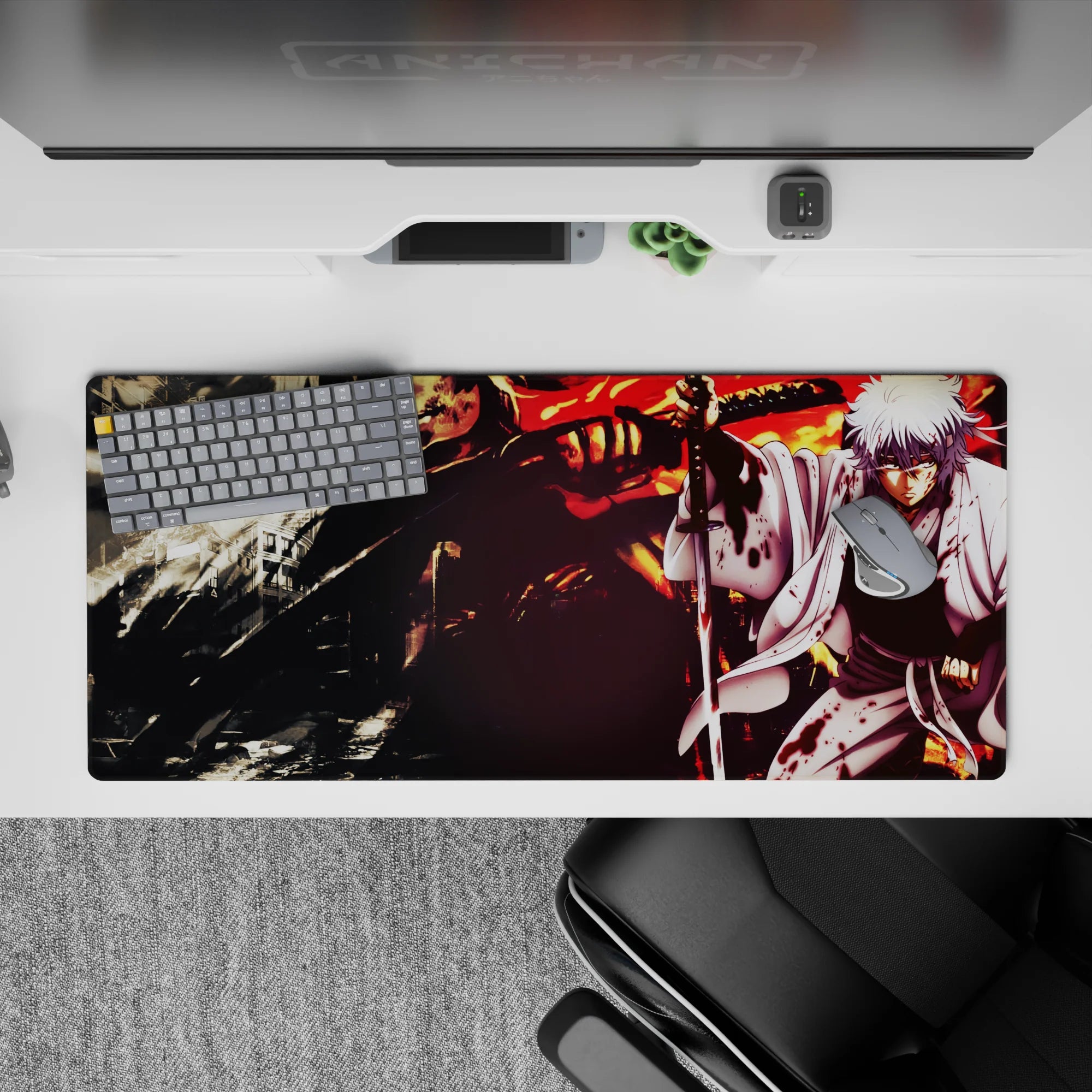 Dark, stormy anime desk pad 36x16 inches with ink stains and orange firelight for intense gaming vibes.