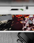 Dark, stormy anime desk pad 36x16 inches with ink stains and orange firelight for intense gaming vibes.