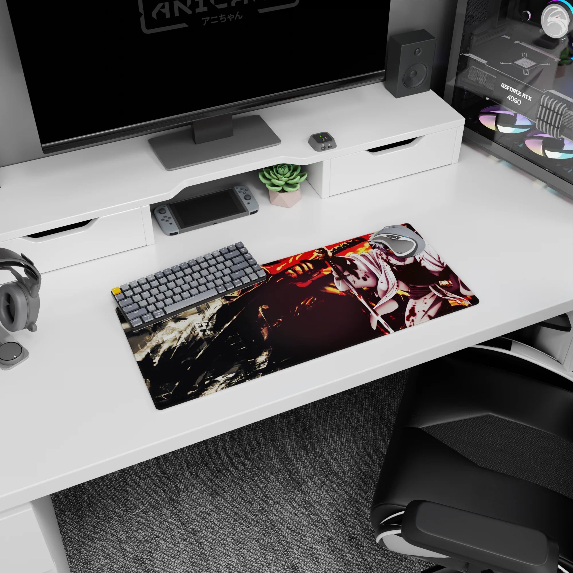 28x12 inches Gintoki Sakata anime mouse pad, white-haired swordsman cutting through chaos in a burning city.