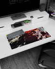 28x12 inches Gintoki Sakata anime mouse pad, white-haired swordsman cutting through chaos in a burning city.