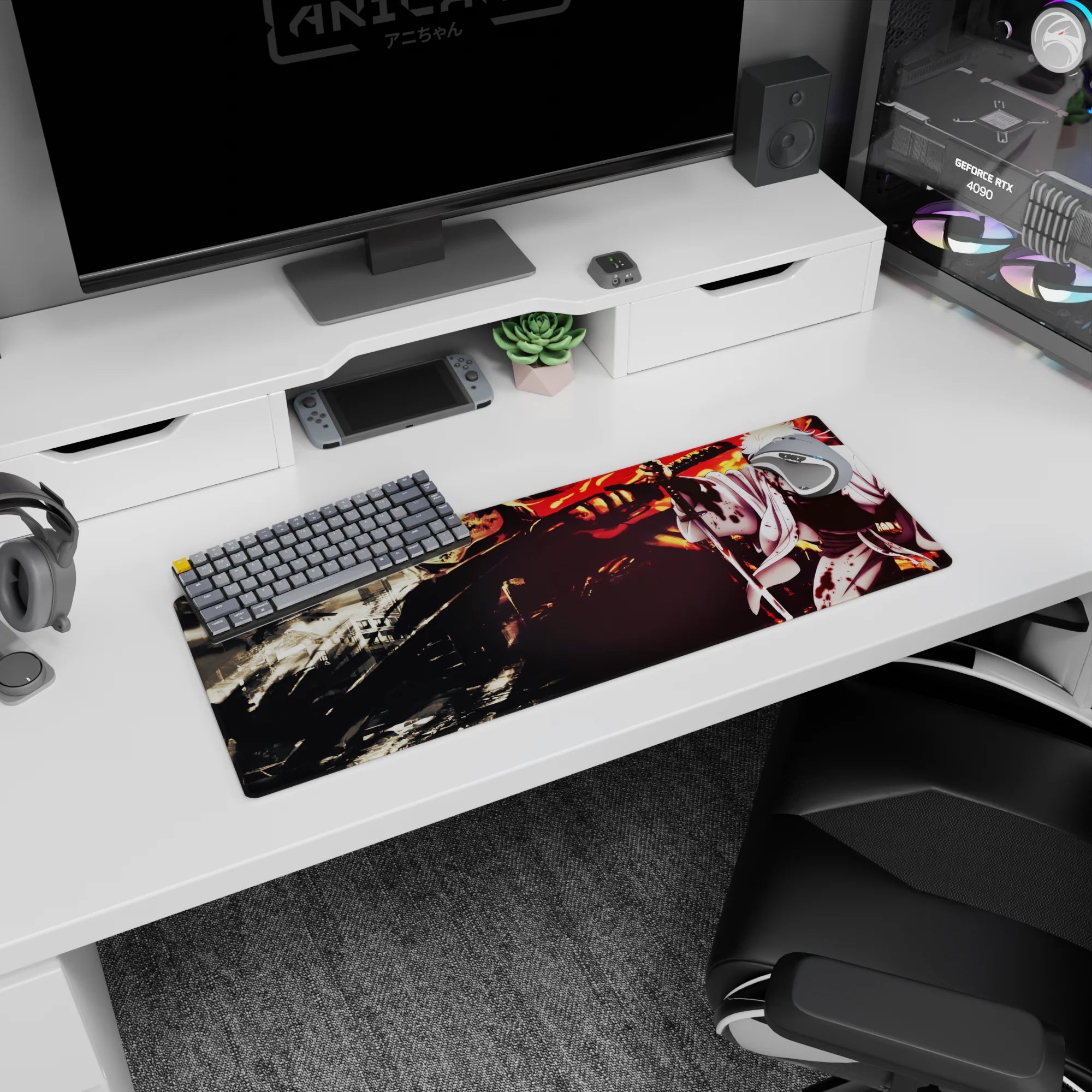 Gintoki Sakata slashing through chaos in a burning city, anime mouse pad 32x12 inches.