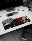 Gintoki Sakata slashing through chaos in a burning city, anime mouse pad 32x12 inches.