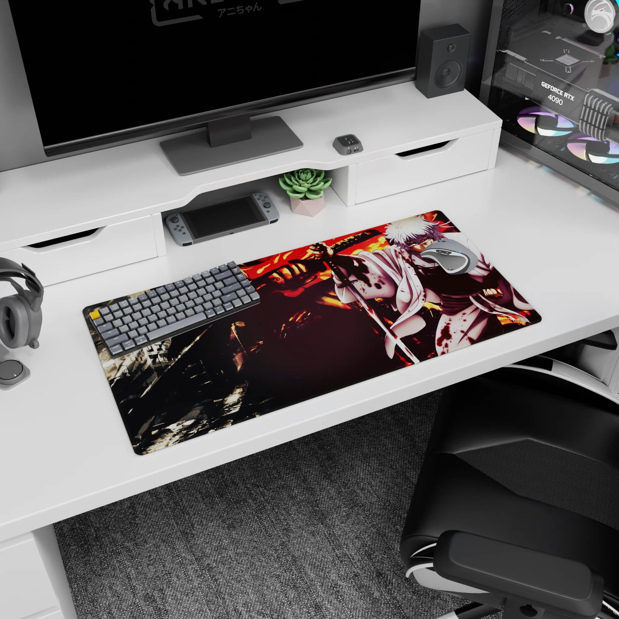 32x16 inches Gintoki Sakata mouse pad slashing through rubble, white hair, sword drawn, monster silhouette.