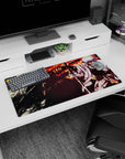 32x16 inches Gintoki Sakata mouse pad slashing through rubble, white hair, sword drawn, monster silhouette.