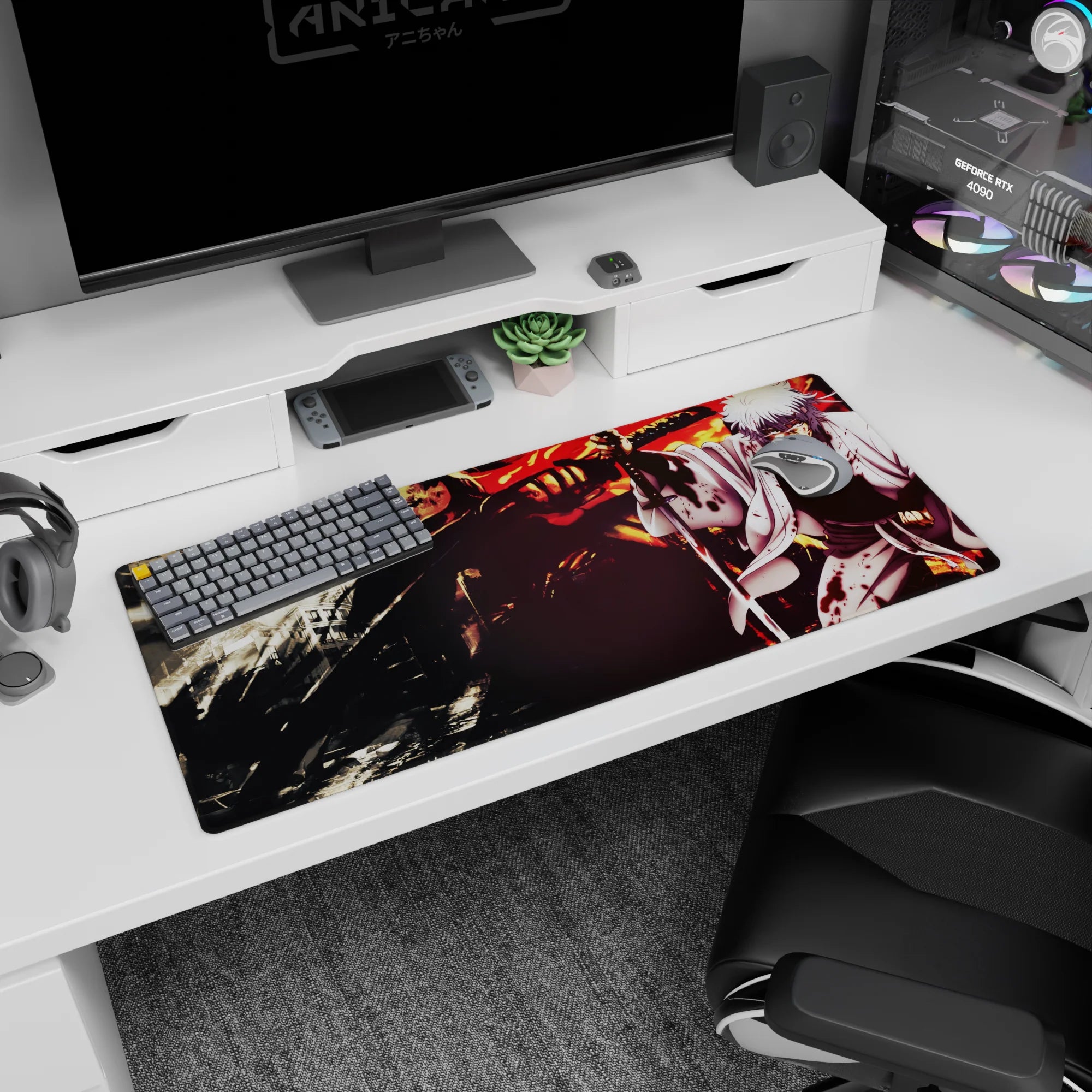 Gintoki Sakata slashing through chaos on an anime desk pad 36x16 inches, white kimono and blazing backdrop.